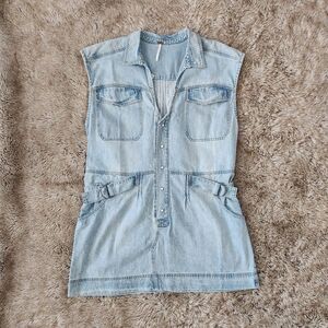Free People Rowley Mini Dress Sunbleached Light Blue Denim Size XL